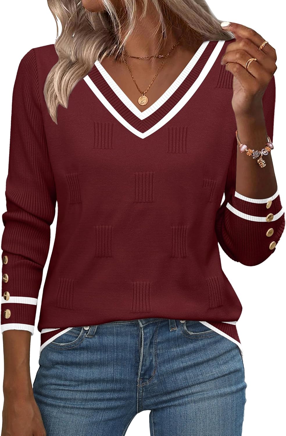 Stylish V Neck Sweater for Women - Lightweight Ribbed Knit Top