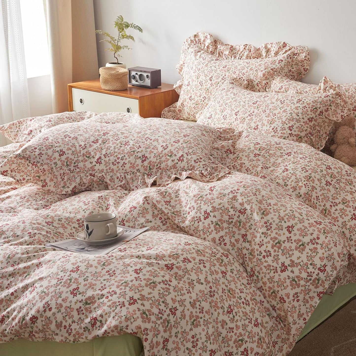HighBuy Ruffle Lace Comforter Set Queen Pink Floral Bedding