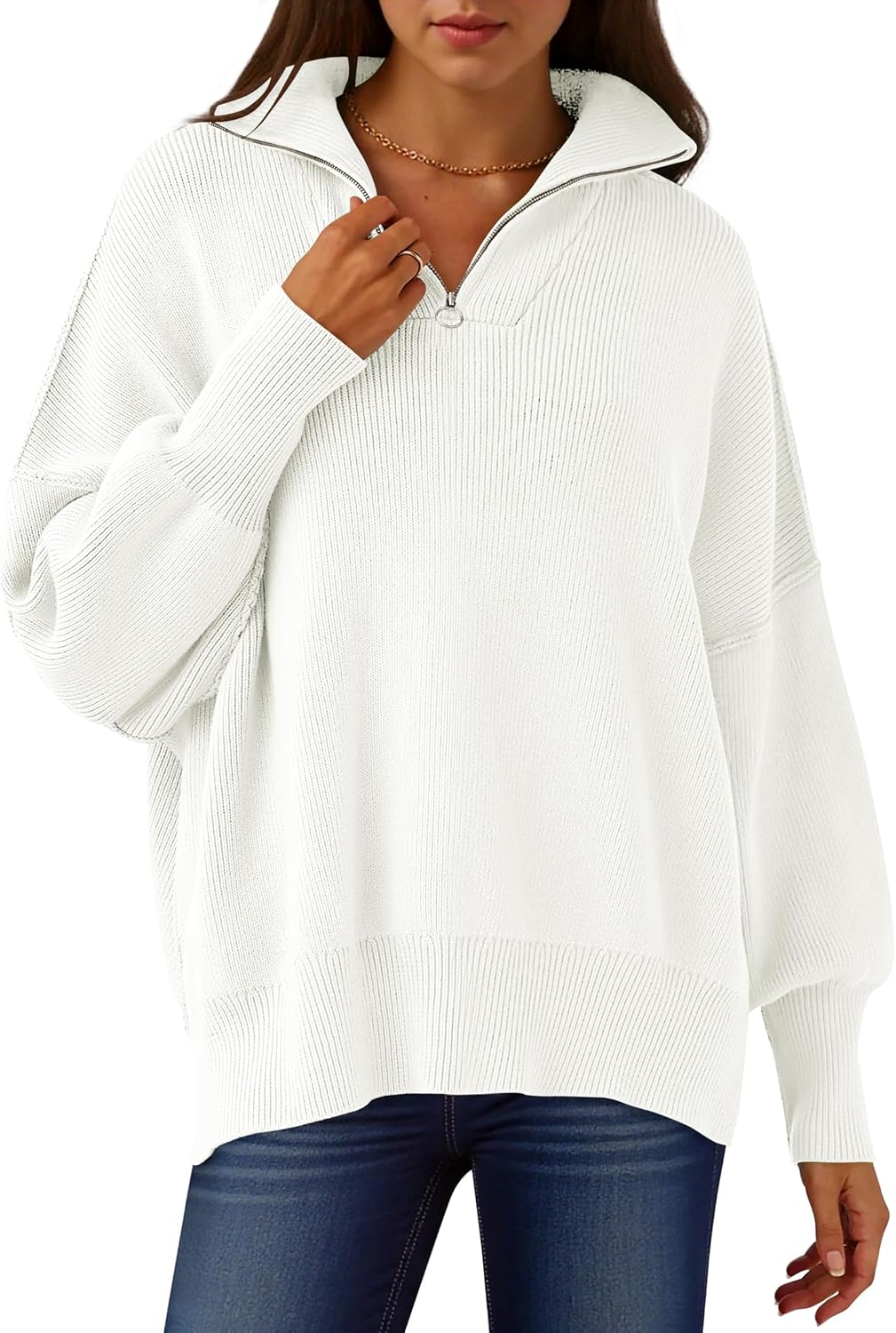 Oversized Fashion Long Sleeve Quarter Zip Sweater for Women
