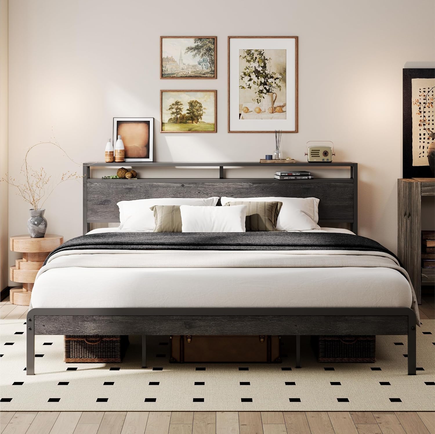 LIKIMIO California King Bed Frame with Headboard for Comfort