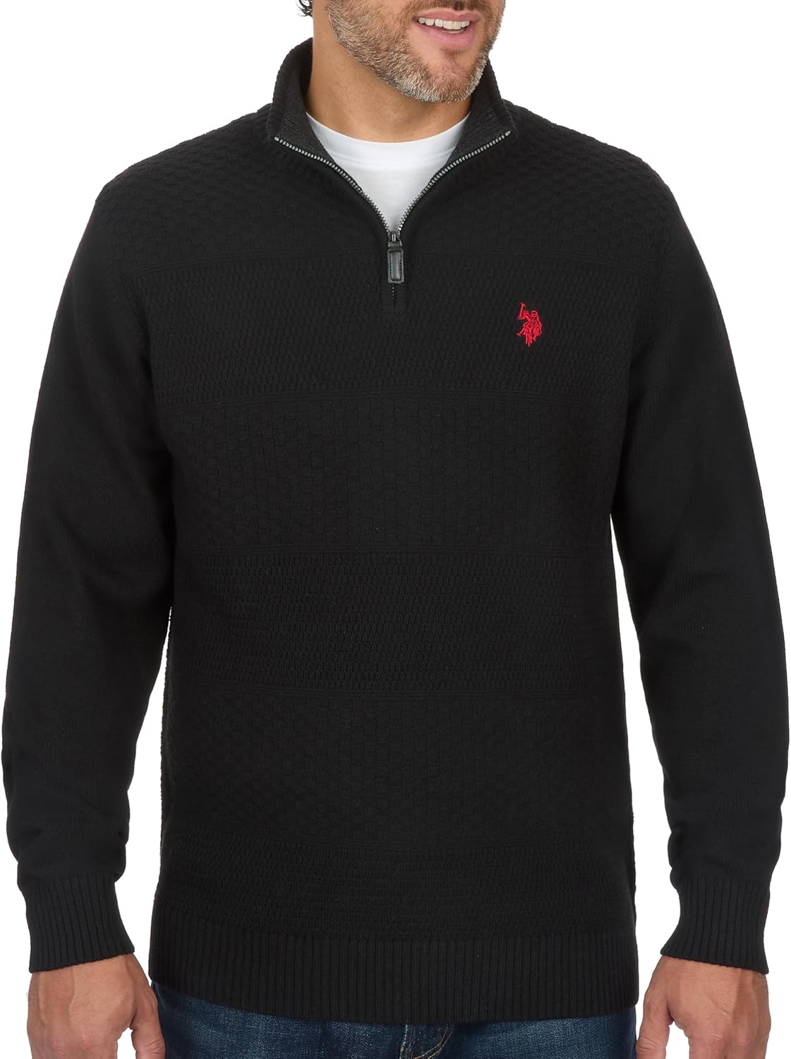 U.S. Polo Assn. Mens Solid Texture Chest Stripe Pullover Sweater