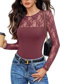 Lace Long Sleeve Bodysuit for Women - Slimming Crew Neck Top Shapewear