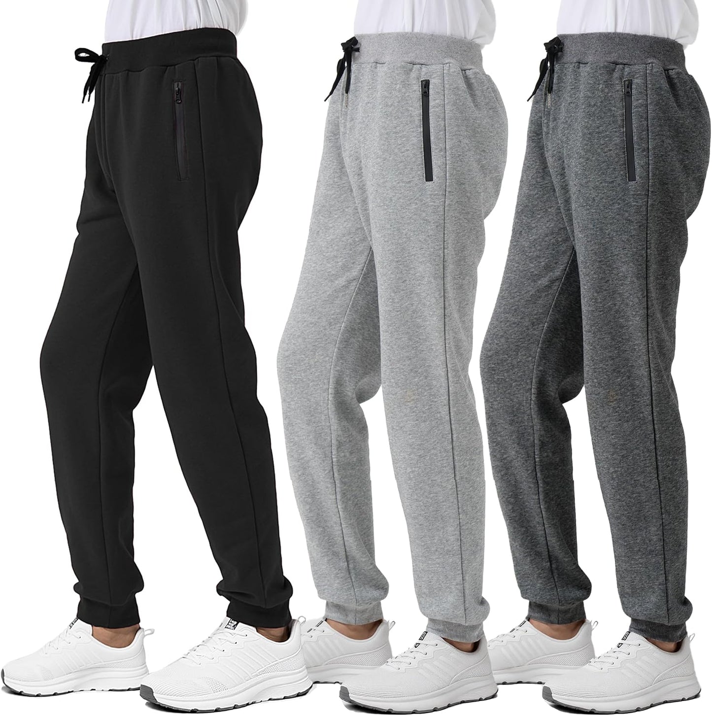 Boys Fleece Sweatpants 3 Pack with Zipper Pockets for Kids