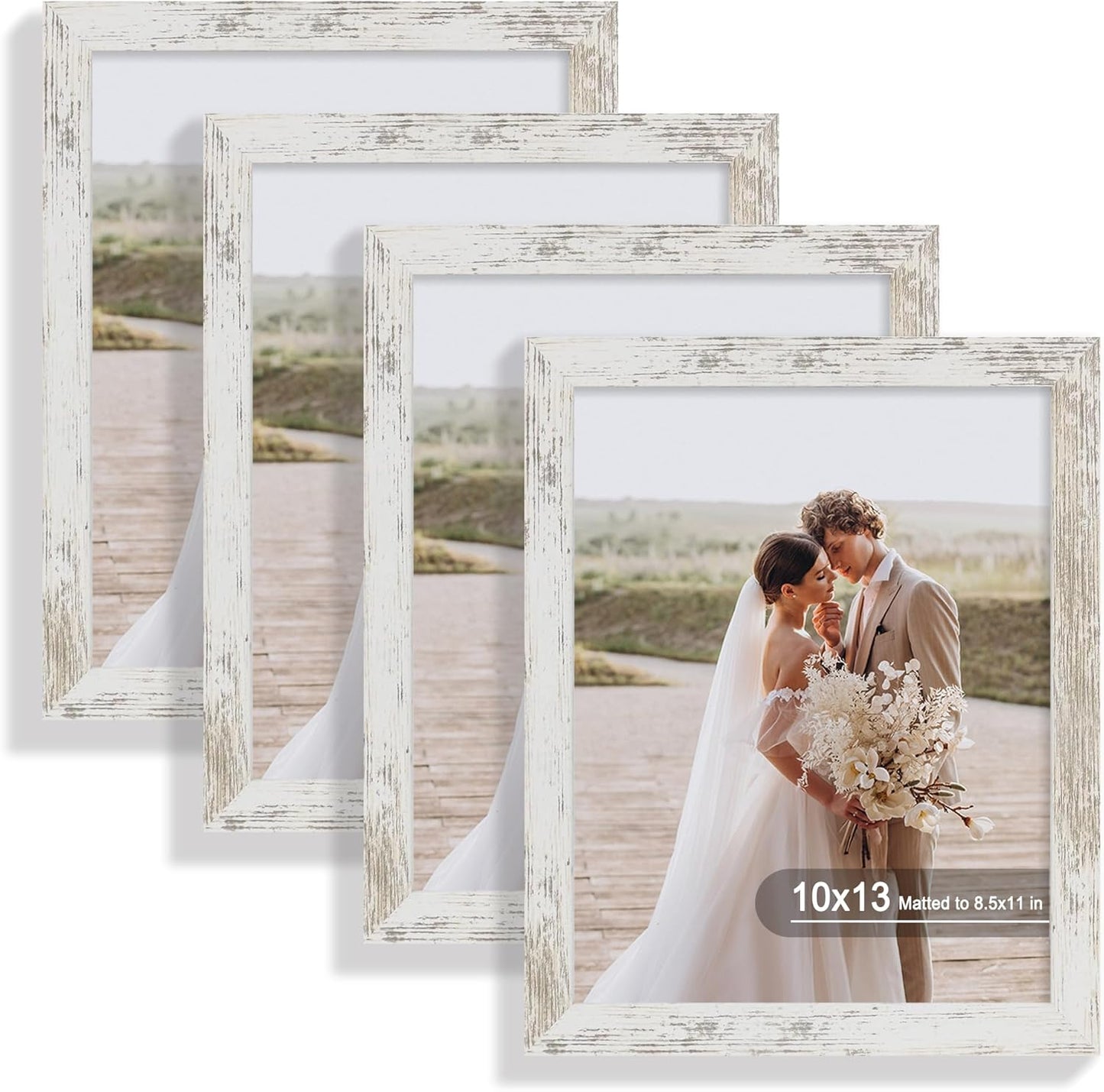 10x13 Picture Frame Set of 4 with Real Glass and Distressed White