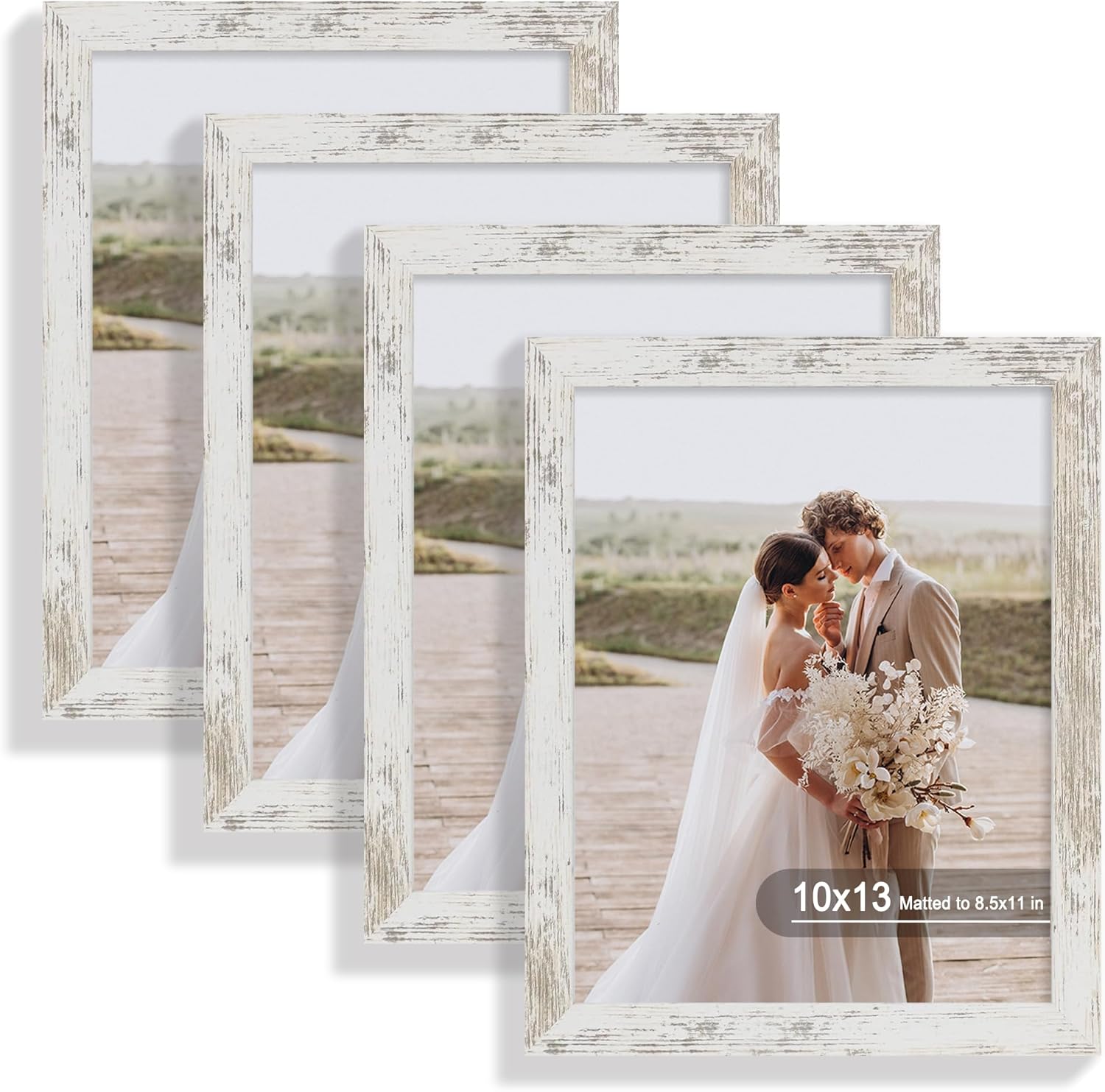 10x13 Picture Frame Set of 4 with Real Glass and Distressed White