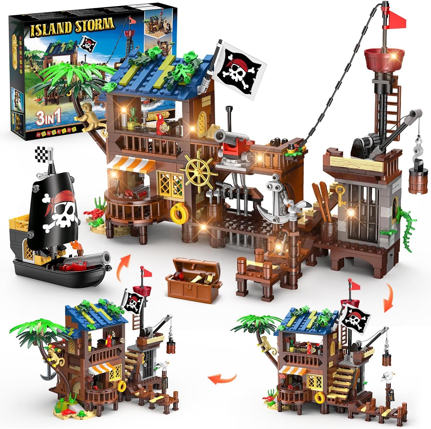 HOGOKIDS Pirate Ship House Building Set with LED Light Fun
