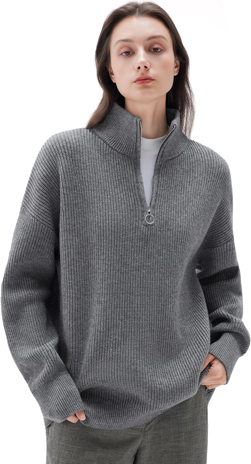 Cashmere Oversized Quarter Zip Pullover Sweater for Women