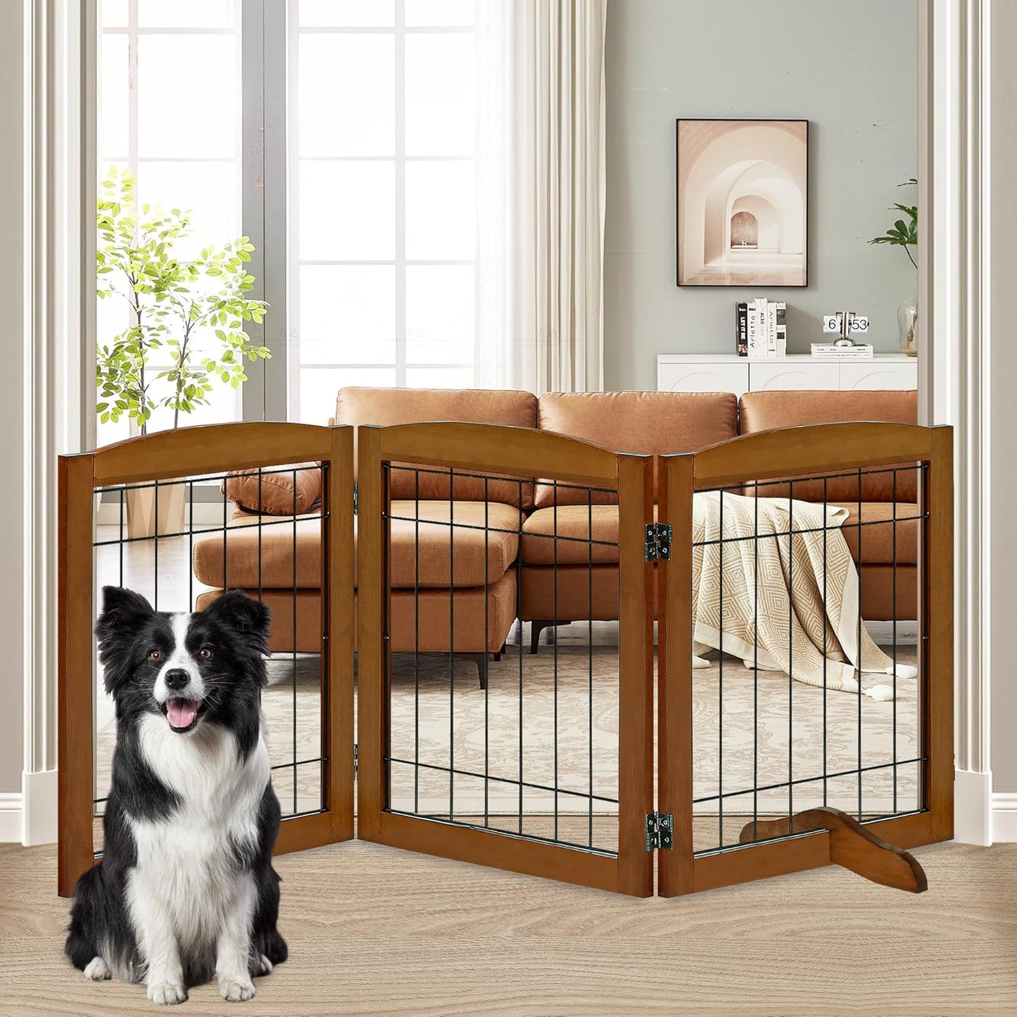 LZRS 3-Panel Freestanding Adjustable Wooden Dog Gate for Pets