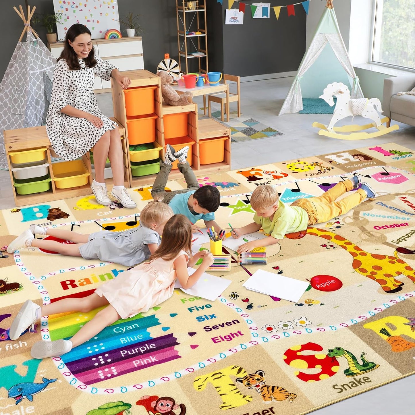 7x10 Playroom Rugs for Kids - Educational Fun Non-Slip Mat