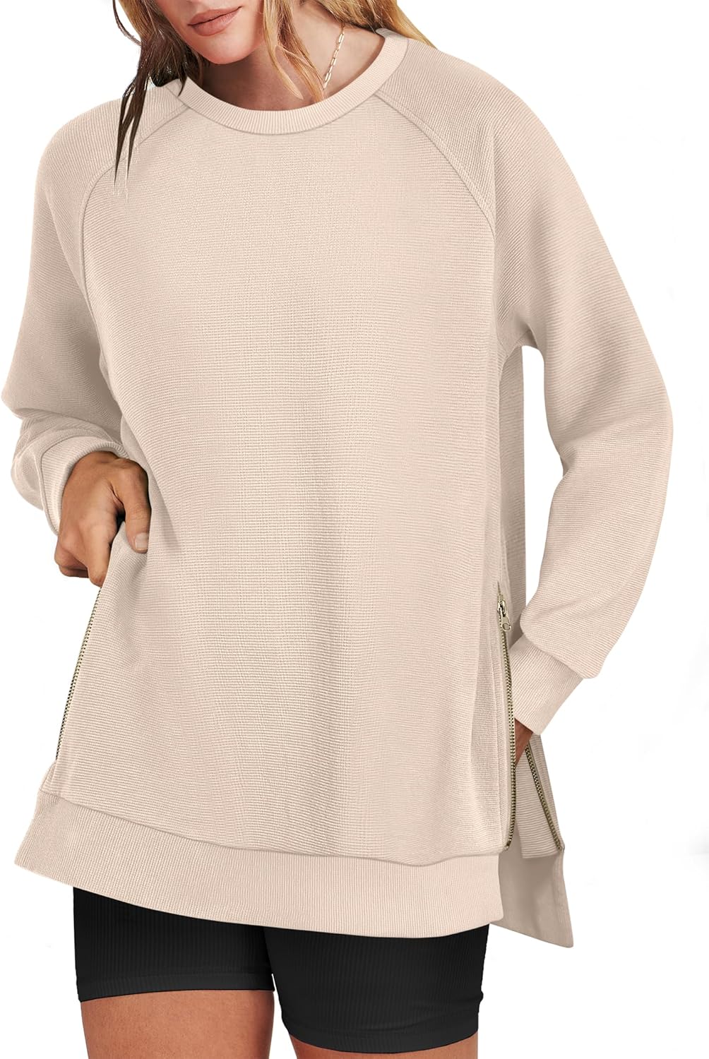 Oversized Sweatshirts for Women with Side Zipper and Crewneck