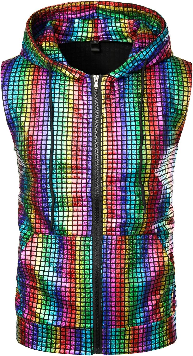 ZEROYAA Mens Shiny Metallic Zip Up Sleeveless Hoodie Vest