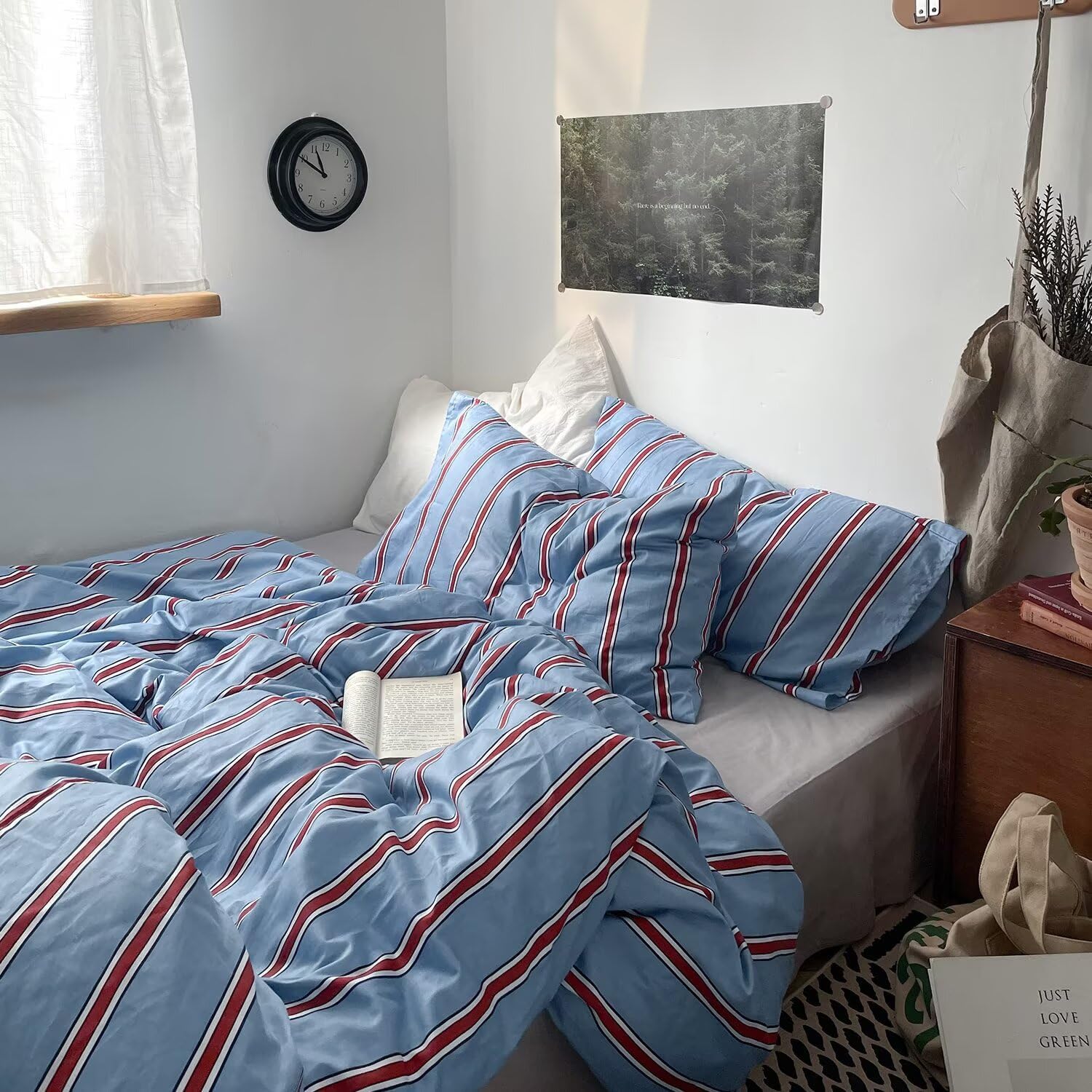 MKXI Blue & Red Vertical Stripe Duvet Cover Twin XL Set