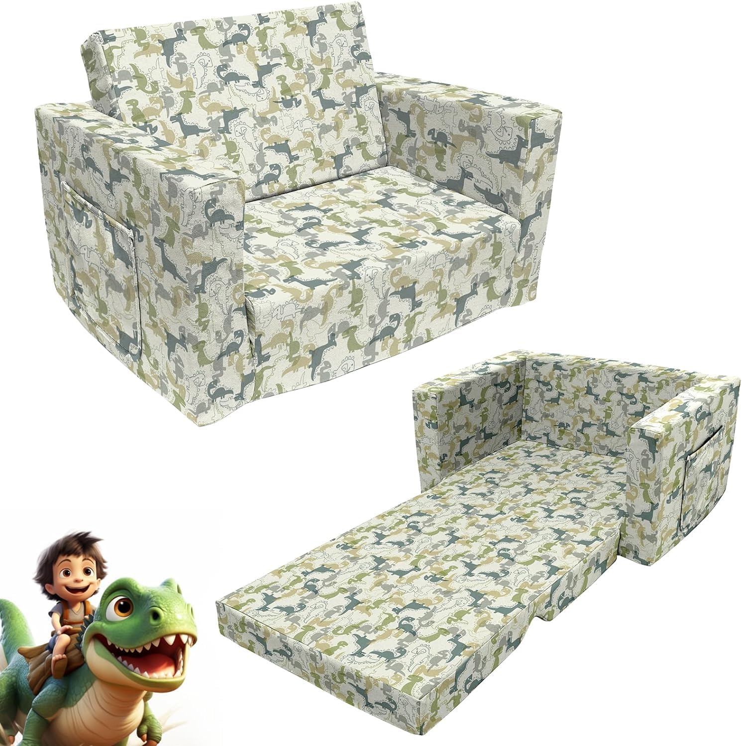 Kids Sofa 2 in 1 Convertible Lounger with Cute Dinosaur Print