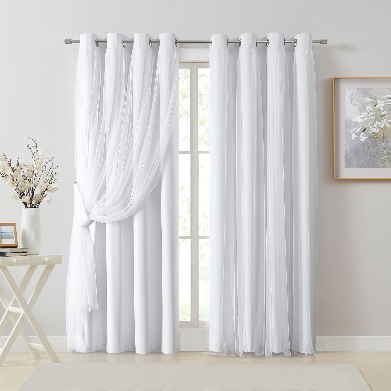 Bujasso White Full Blackout Curtain Panels for Elegant Living Rooms