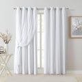 Bujasso White Full Blackout Curtain Panels with Sheer Overlay - Double