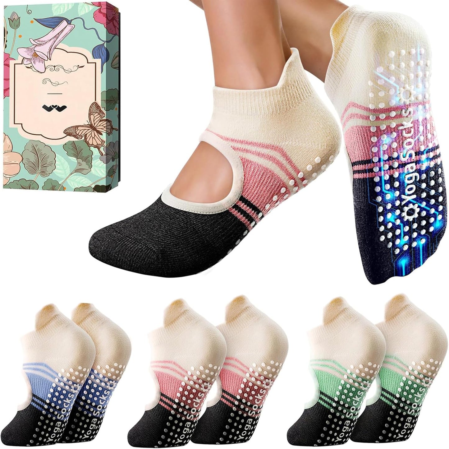 WARMVIN Non-Slip Yoga Socks - Stylish Grip Crews for Ballet
