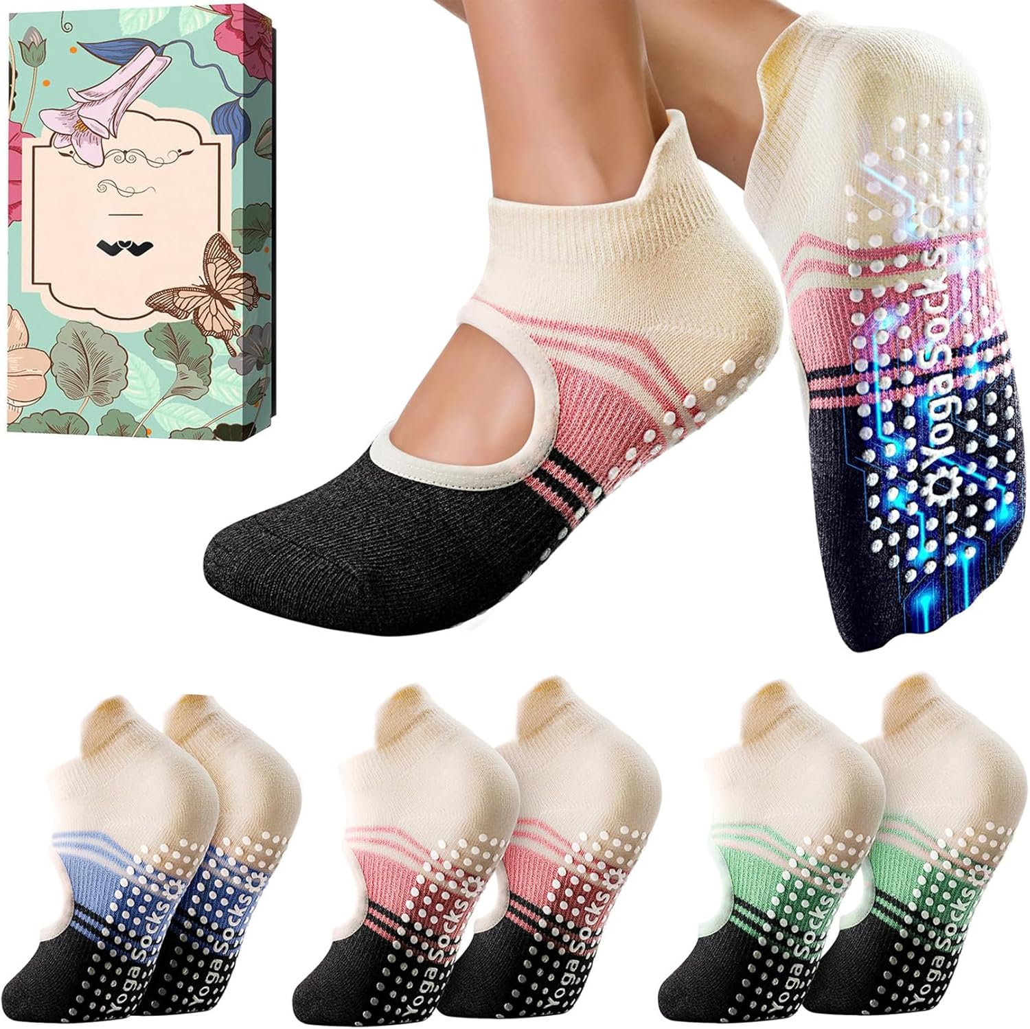 WARMVIN Non-Slip Yoga Socks - Stylish Grip Crews for Ballet