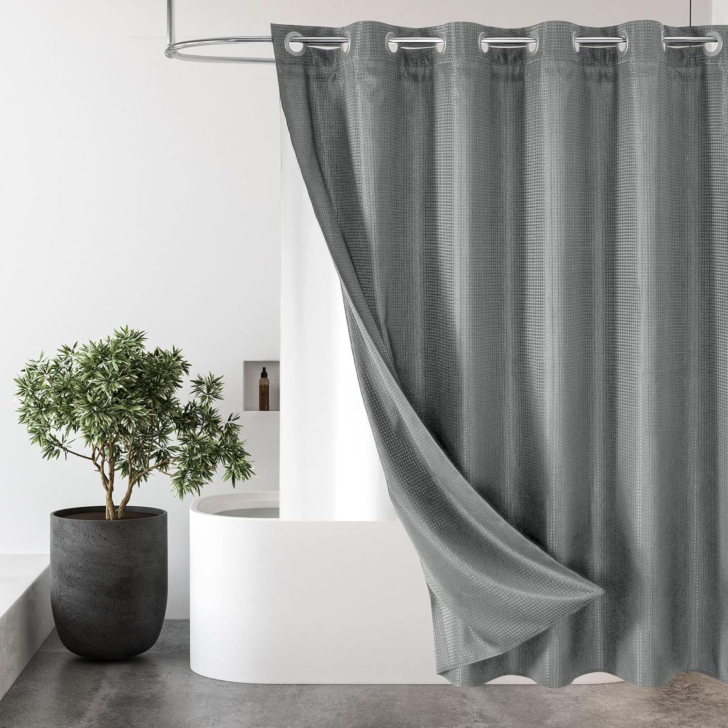 Luxury Grey Waffle Shower Curtain Set - No Hooks Needed