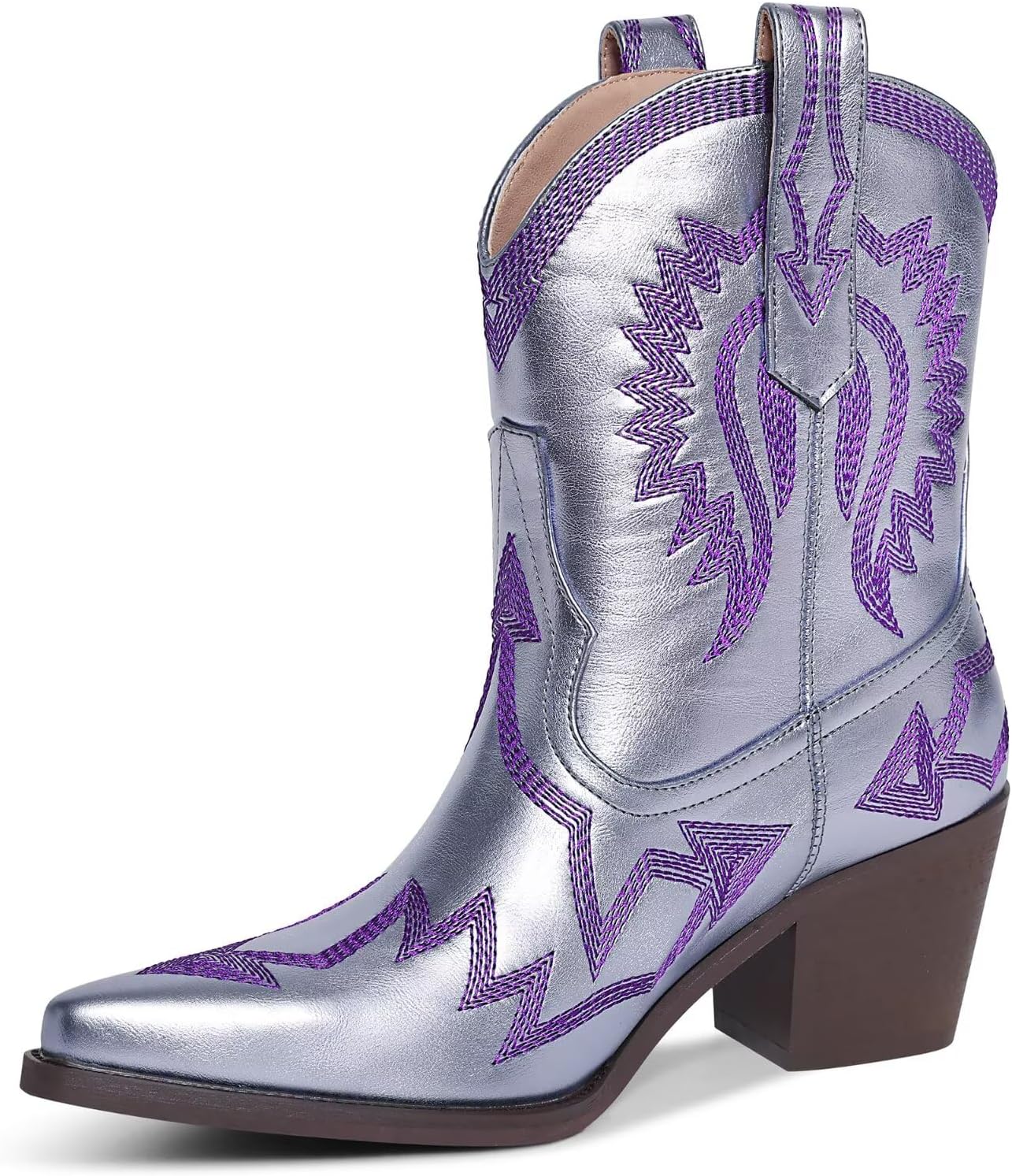 Western Boots for Women with Metallic Embroidery and Chunky Heel