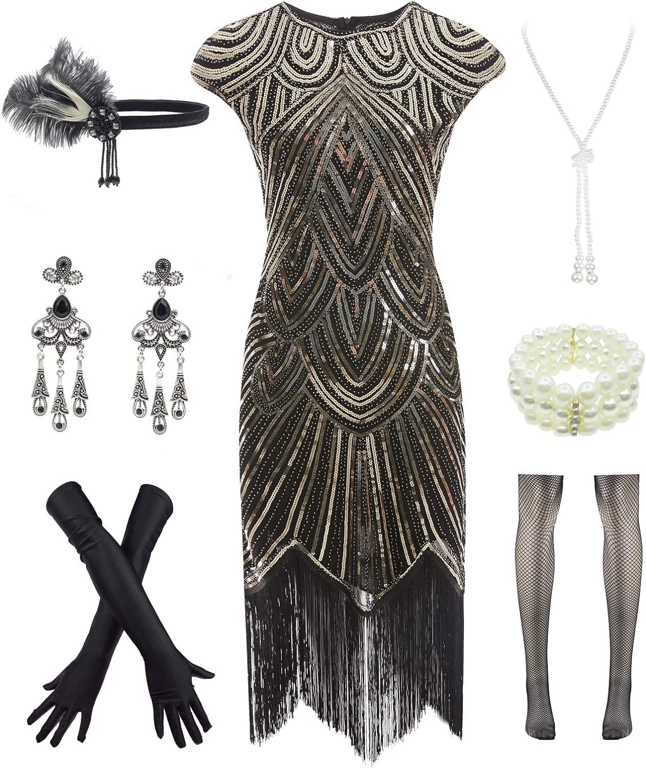 Vintage Lace Fringed Gatsby 1920s Cocktail Dress with Accessories