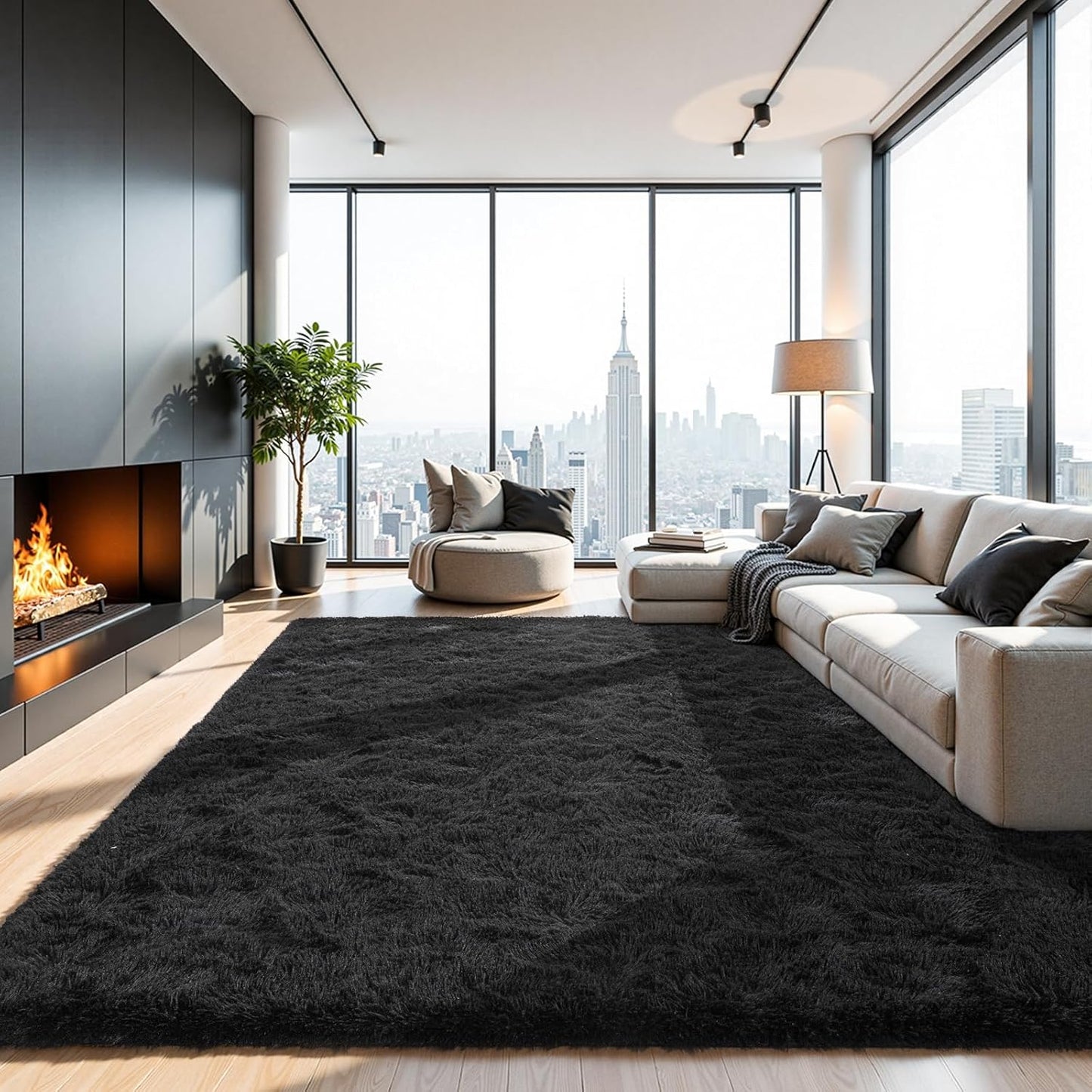 Black Fluffy 8x10 Area Rug for Living Room and Kids Room