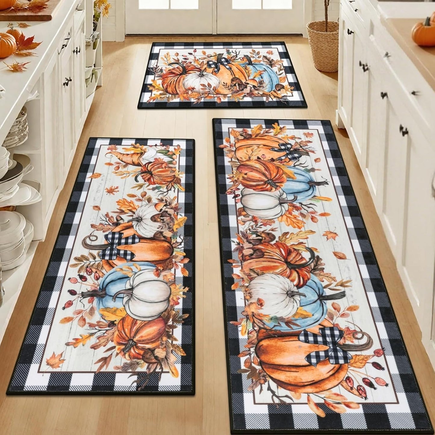 Fall Pumpkins Kitchen Rug Set of 3 Non Slip Washable Mats