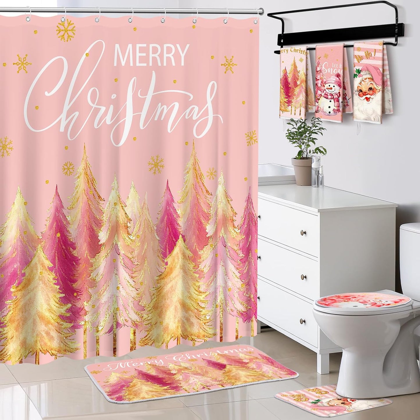Christmas Shower Set: Pink Green Tree Design w/ 7 Pcs & Snowman Theme