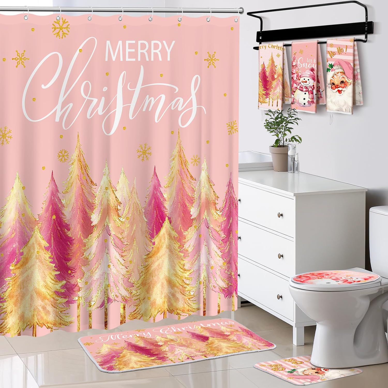 Christmas Shower Set: Pink Green Tree Design w/ 7 Pcs & Snowman Theme