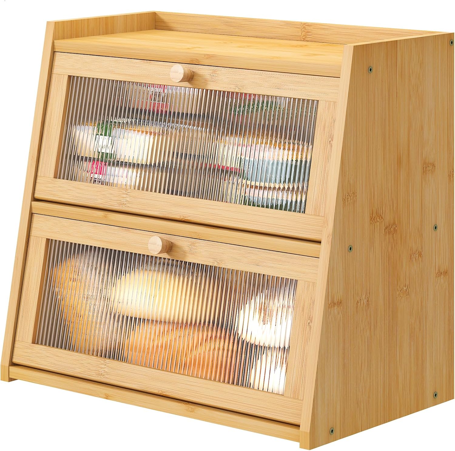 Large Bamboo Bread Box for Kitchen Counter with Wavy Door