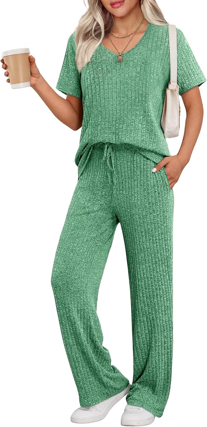 Ekouaer Womens Ribbed Knit Lounge Set for Cozy Sleepwear