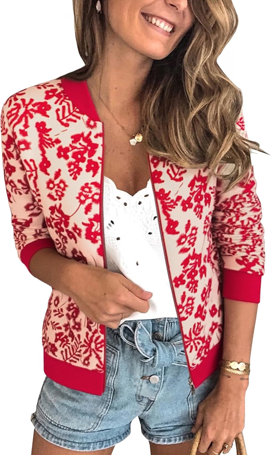 Stylish Floral Zip Up Bomber Jacket for Women by ECOWISH