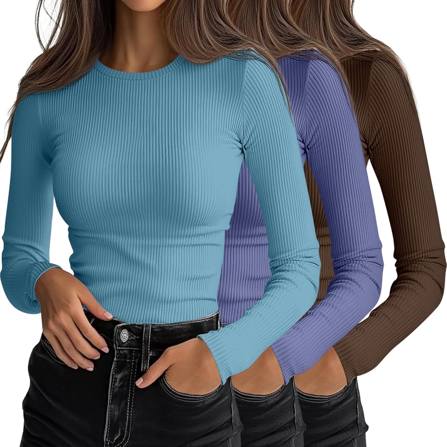 Ficerd Women's Ribbed Long Sleeve Tops for Casual Layering