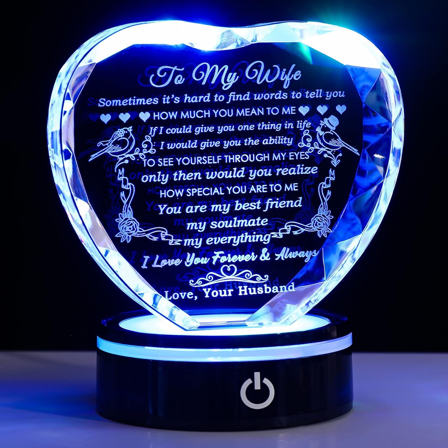 YWHL Colorful LED Base Crystal Heart Keepsake for Wife Gifts