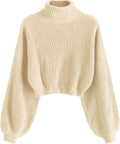 Cropped Turtleneck Sweater Lantern Sleeve Ribbed Knit Pullover Jewelry