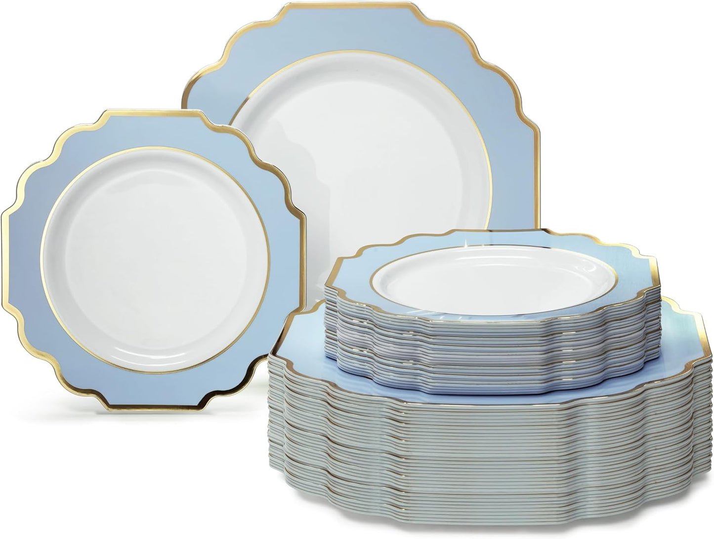 120 Pcs Heavyweight Disposable Plates Set - Elegant Wedding Tableware, Imperial White/Blue & Gold