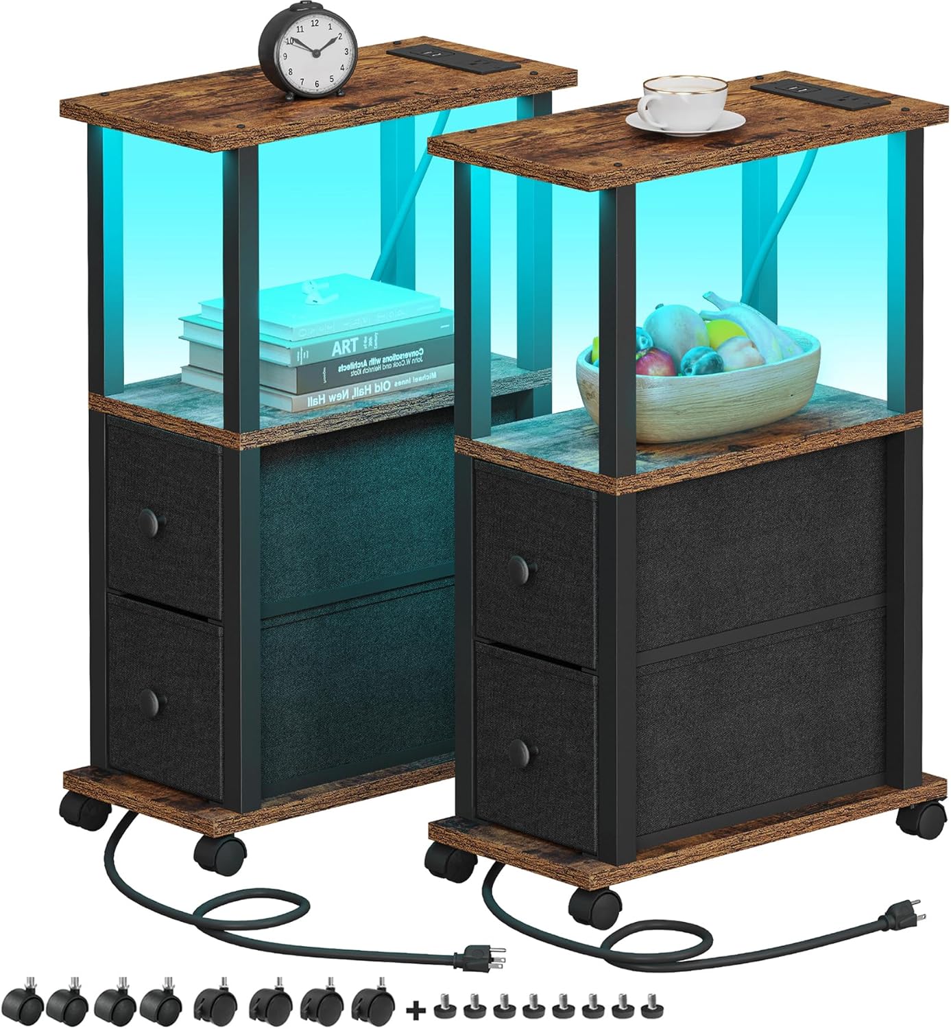 TUTOTAK Small Narrow End Tables with LED and Charging Station