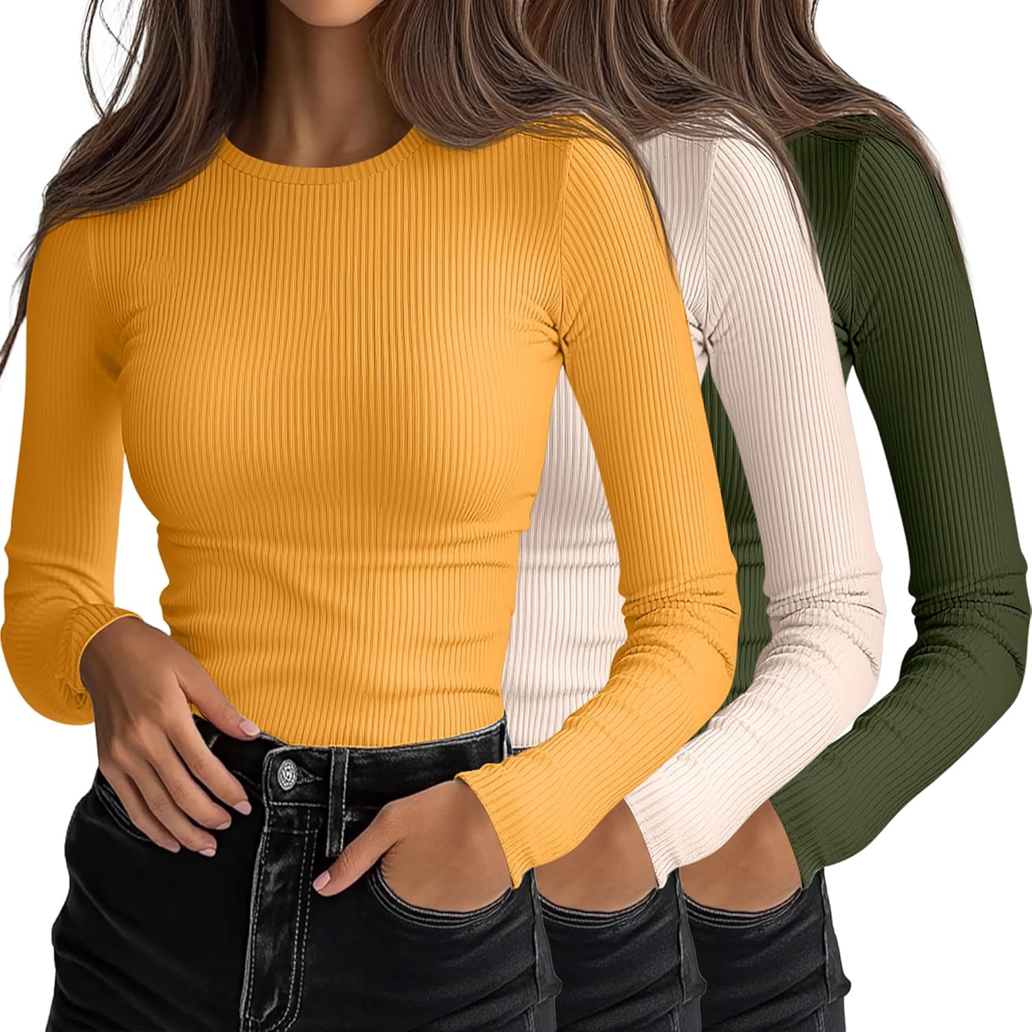 Ficerd 3 Pack Women's Ribbed Long Sleeve Tops for Every Occasion