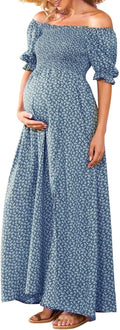 Floral Maternity Maxi Dress Square Neck Puff Sleeve - Lightweight