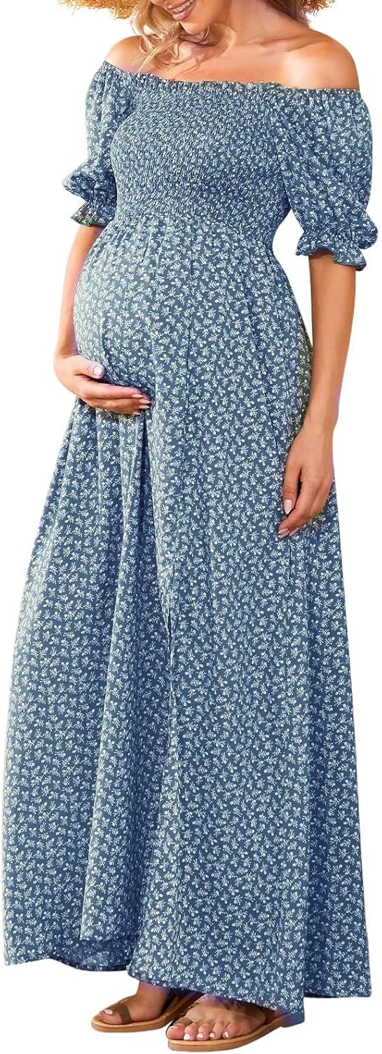 Floral Maternity Dress with Puff Sleeves for Baby Showers