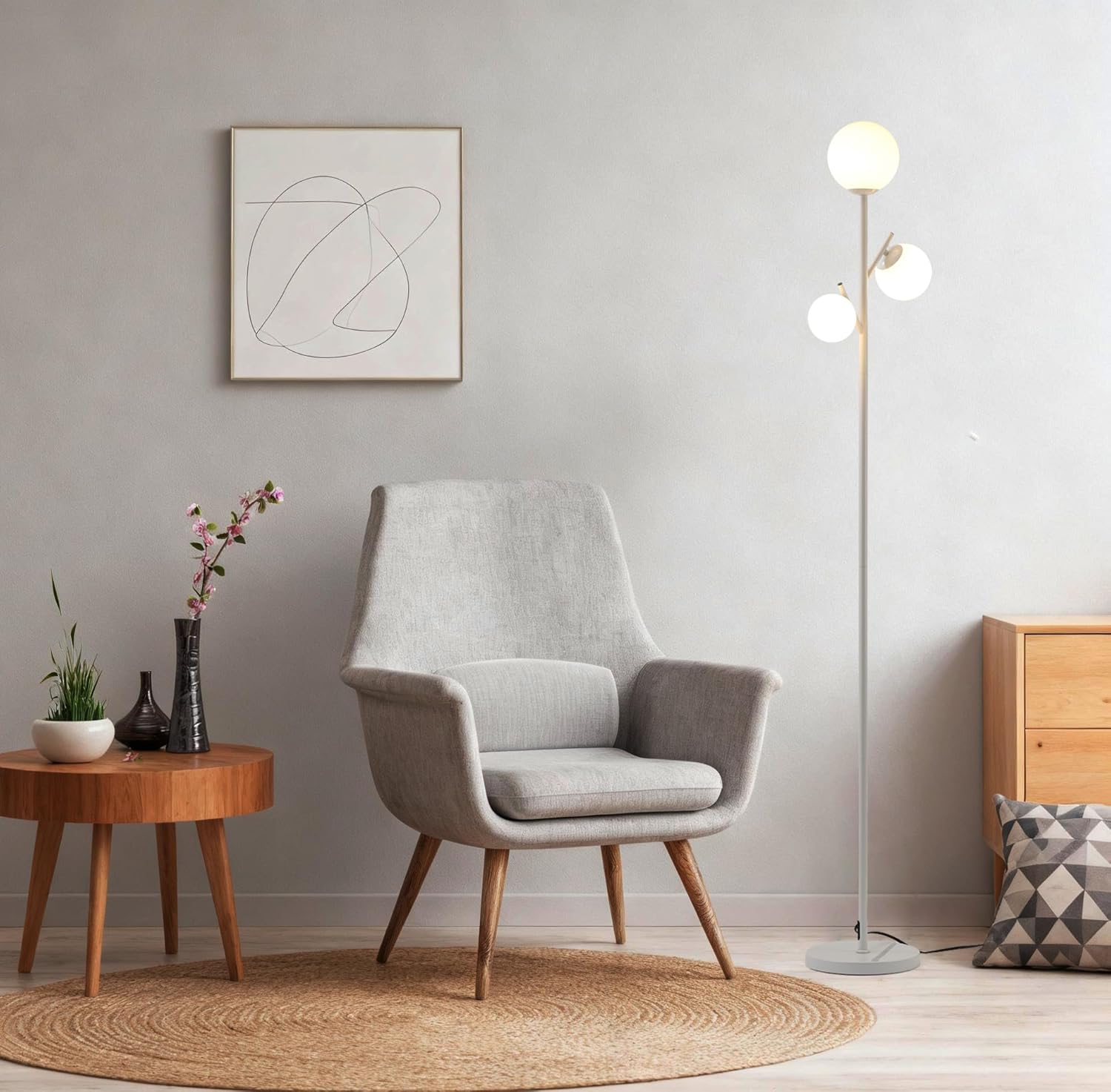 Fiqevs White Mid Century Floor Lamp with 3 LED Bulbs