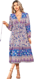 Women's Cotton Blend Floral V-Neck Bohemian Midi Dress - Tassel Tie