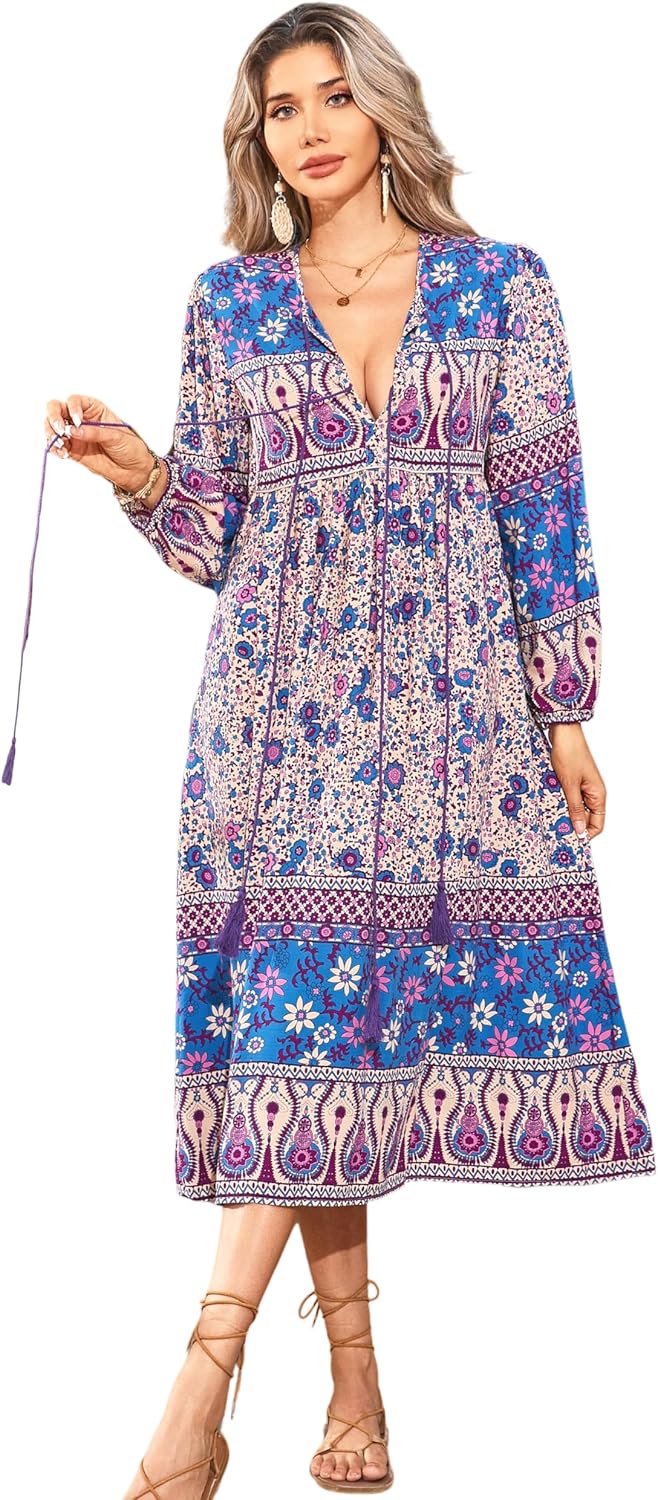 R.Vivimos Women's Long Sleeve Floral Print Bohemian Midi Dress