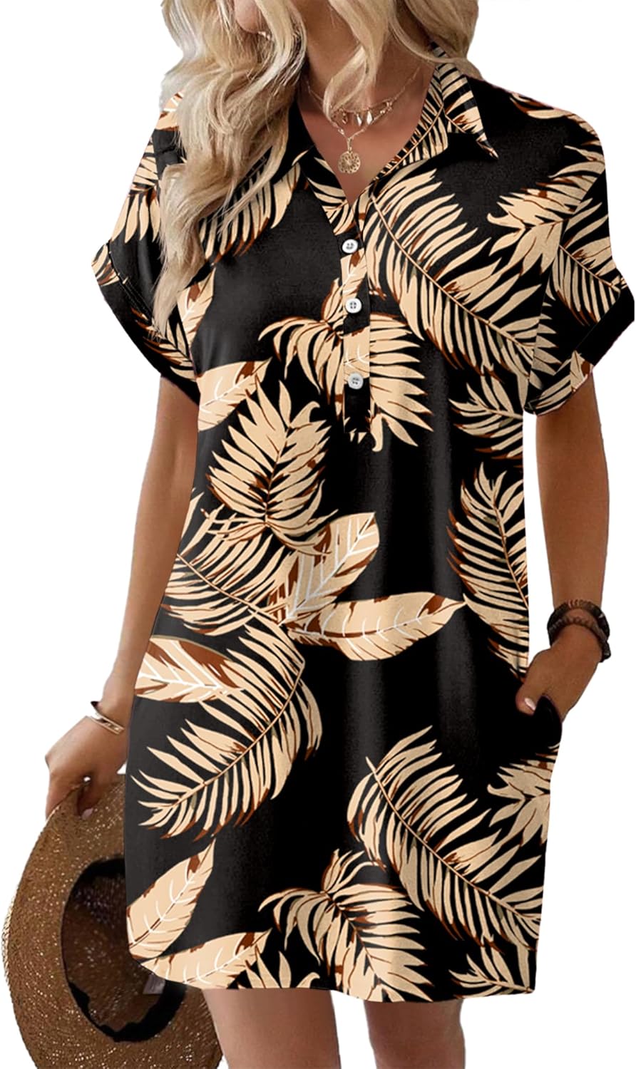 HOTOUCH Womens Summer Shirt Dress Casual Loose Floral Sundress