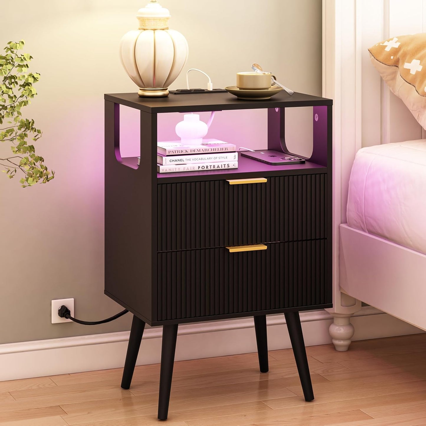Modern Black Nightstand with Charging Station and LED Lights