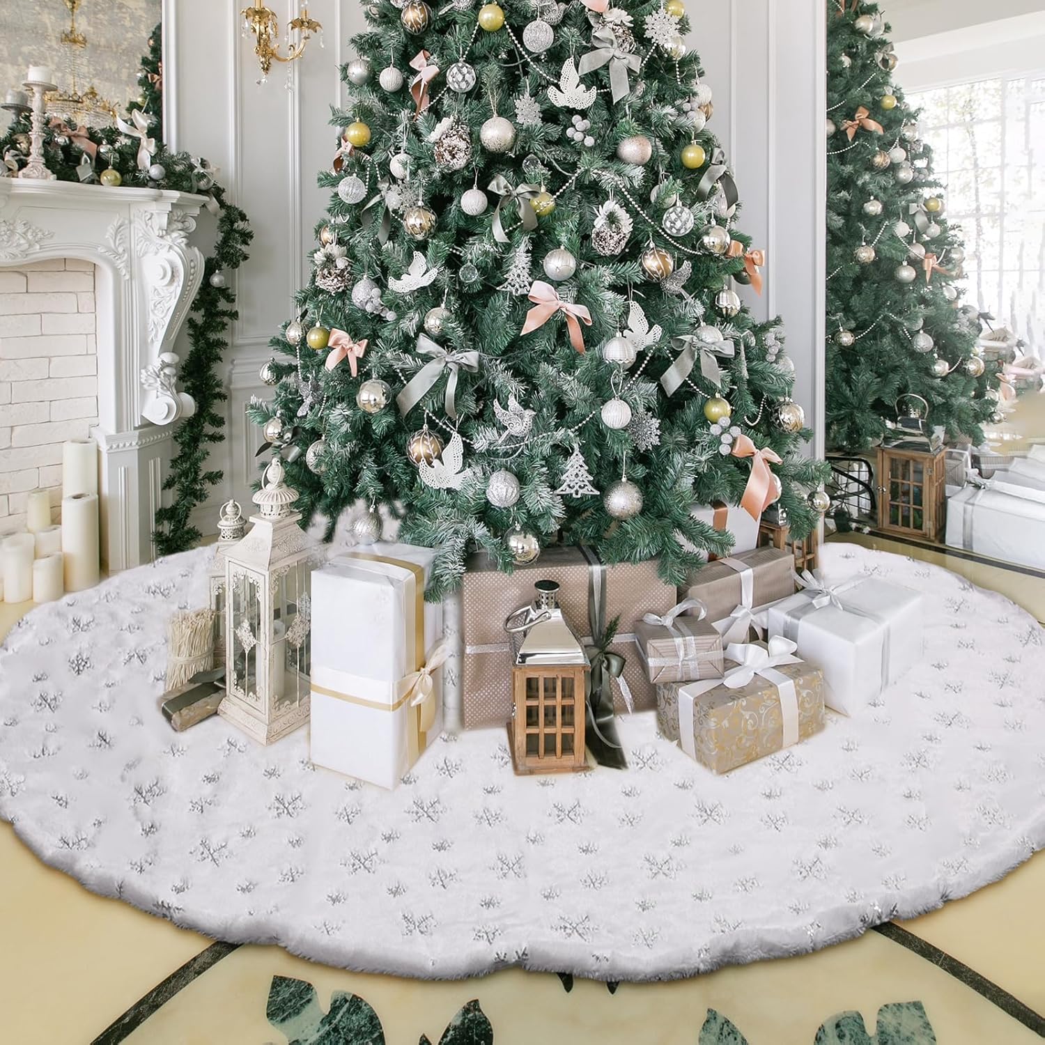 100 Inches Large Christmas Tree Skirt with Silver Sequins