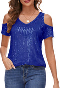 Women's Sparkly Sequin Top V Neck Cold Shoulder - Glitter Party Blouse