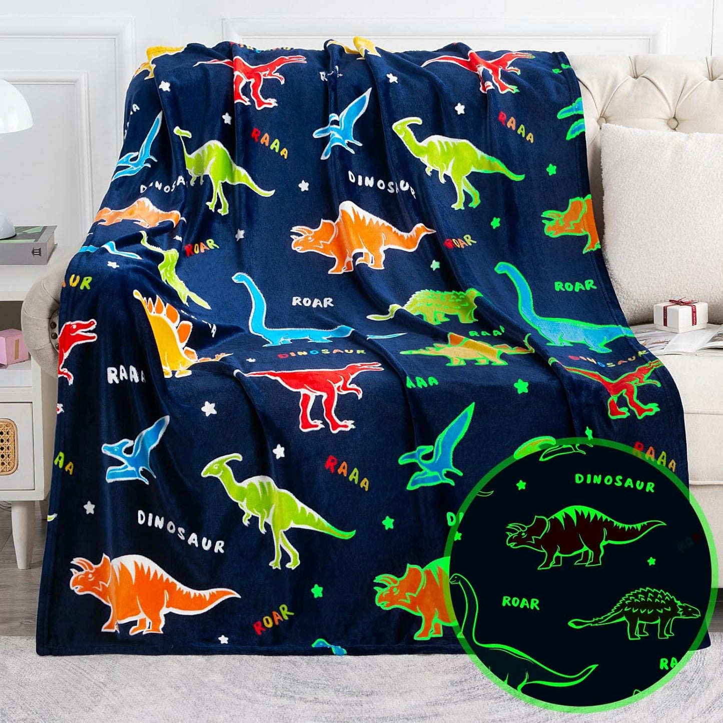 Glow-in-the-Dark Dino Blanket for Kids 1-14 Years Navy Blue Throw 50x60