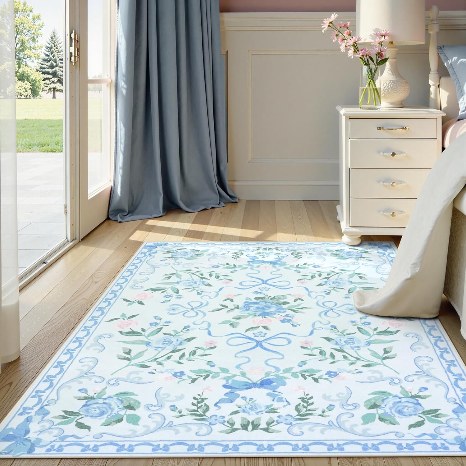 Collive 4x6 Rugs for Bedroom Girls, Boho Blue Floral Design