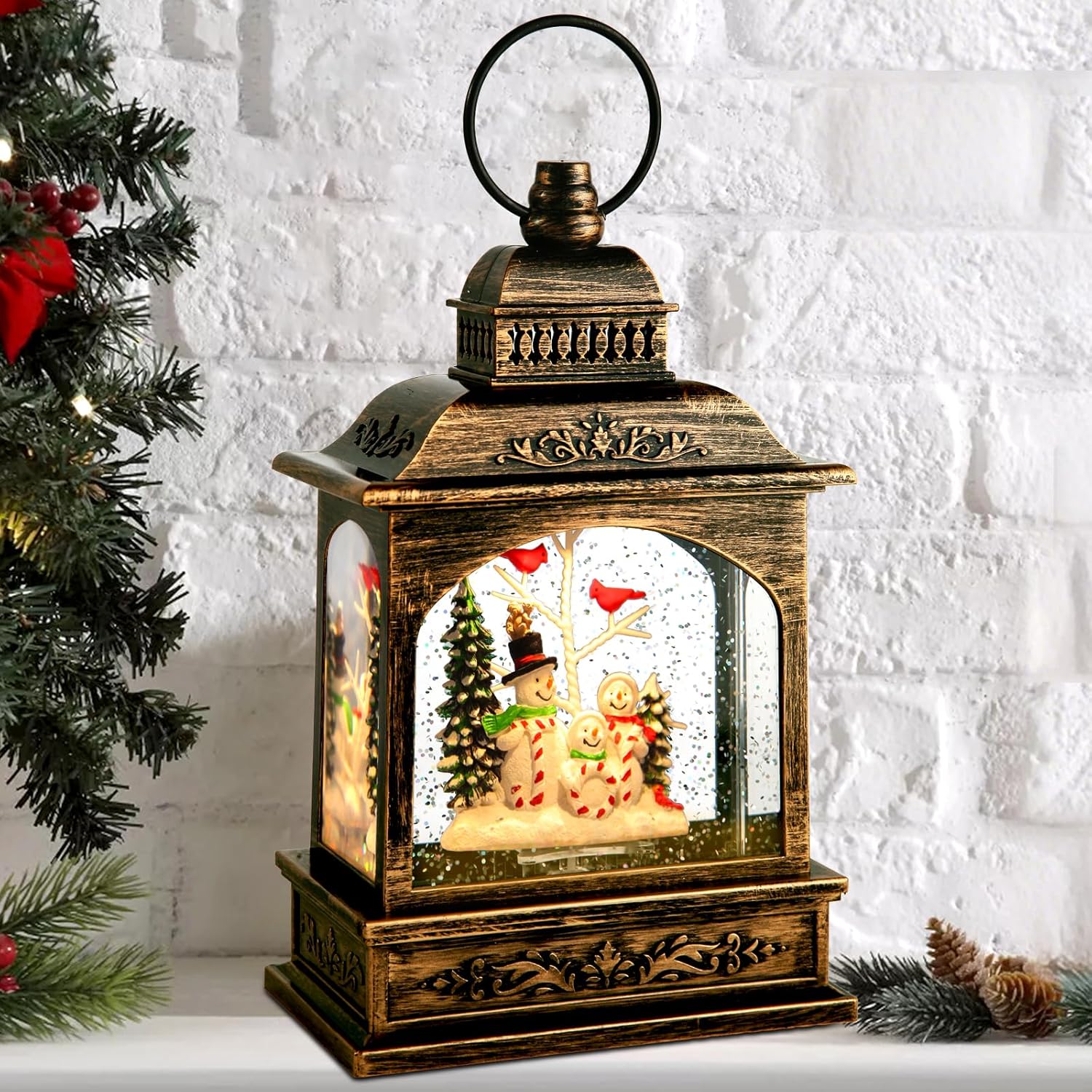 Cardinal Snow Globe Lantern with Musical Features for Christmas