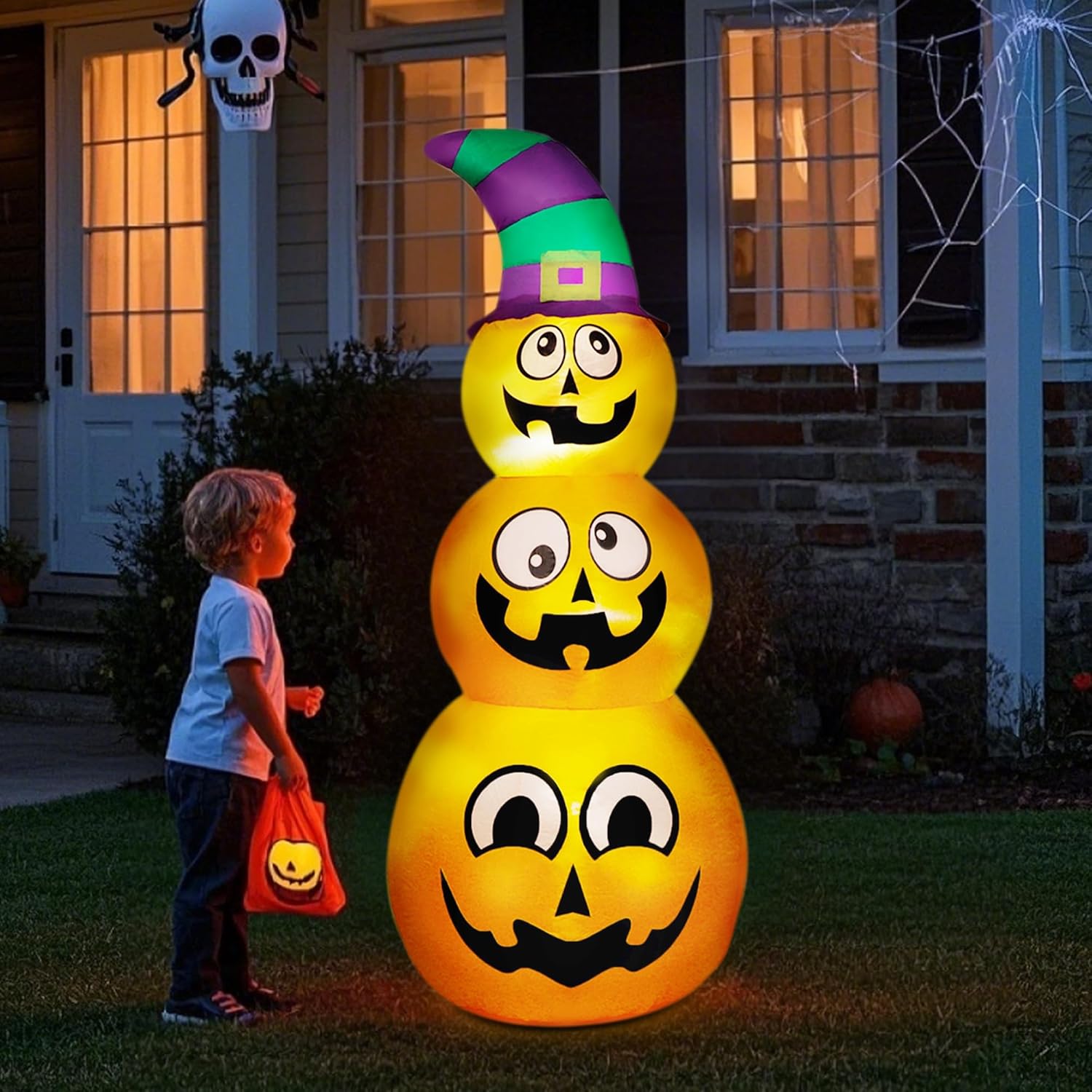 5 Ft Halloween Inflatables Stacked Pumpkins with Witch Hat